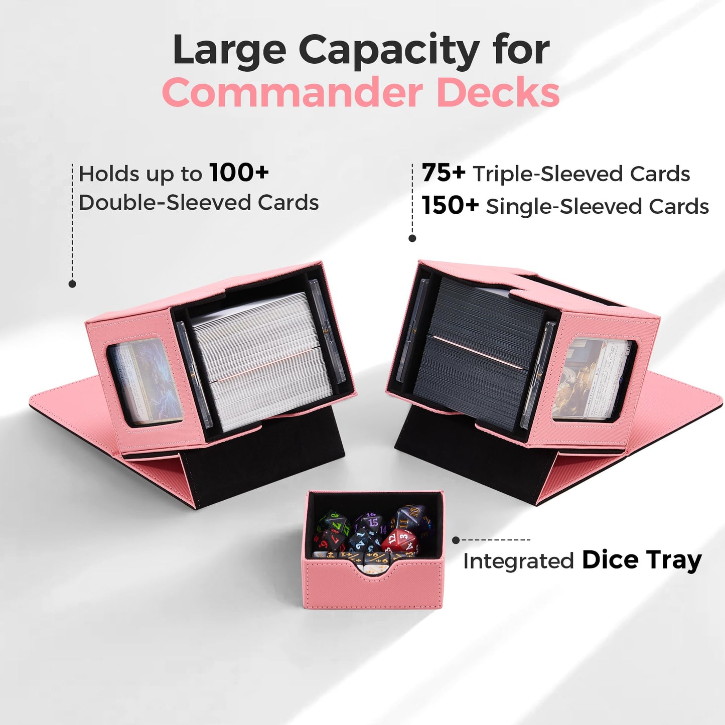 Zettokete MTG Commander Deck Box with Dual Commander Display, Patented Card Deck Box Fits 100 Double-Sleeved Cards, MTG Card Case with Dice Tray, 2 Dividers, 2 Magnetic Holders, Pink & Black