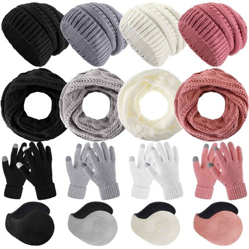Suhine 16 Pcs Winter Beanie Hat Scarf Gloves Set Women Winter Knitted Hat Circle Scarves Touchscreen Gloves Earmuffs(Black, White, Gray, Pink,Classic Style)