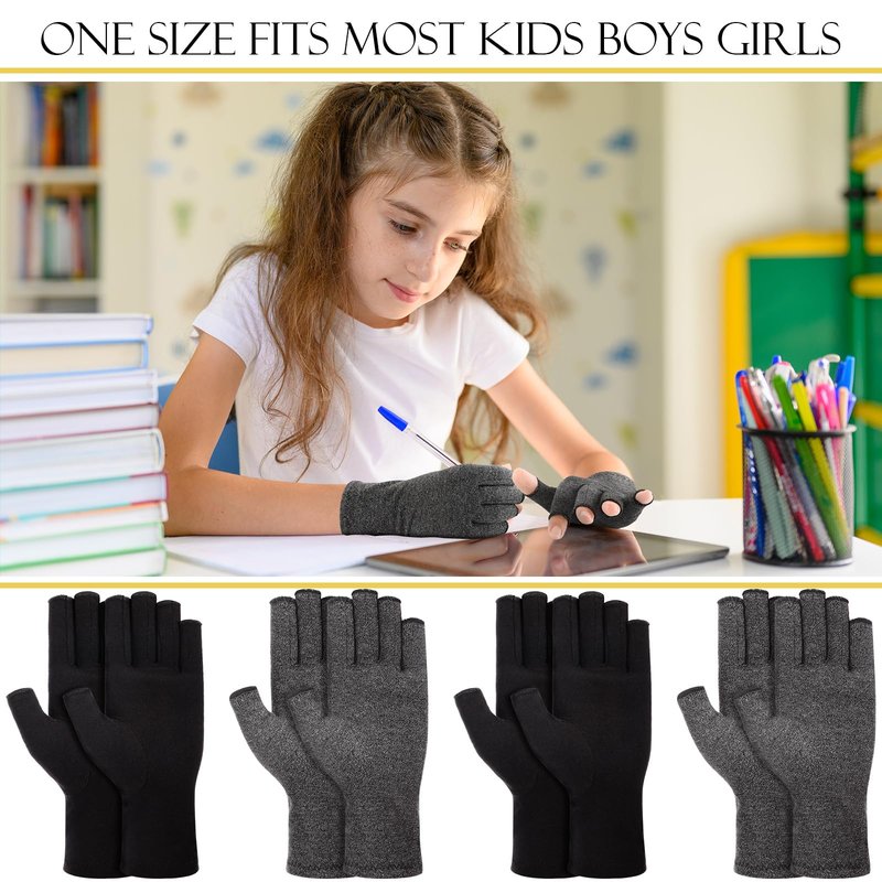 Panitay 4 Pairs Kids Compression Gloves Fingerless Arthritis Gloves Kids Compression Hand Cover for Boys Girls Carpal Tunnel(6-15 Years)