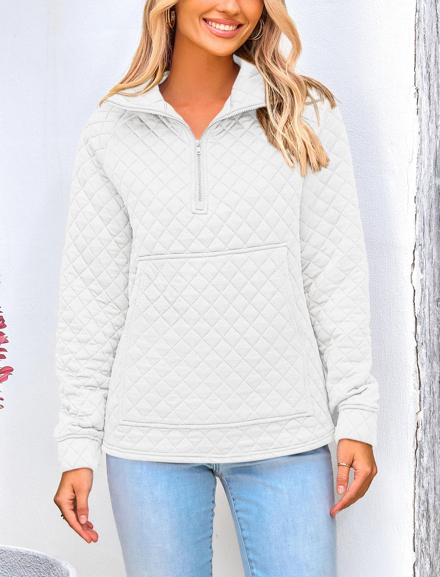 PRETTYGARDEN Women's Winter Quilted Sweatshirt Casual Quarter Zip Collared Long Sleeve V Neck Pullover Tops (White,Large)