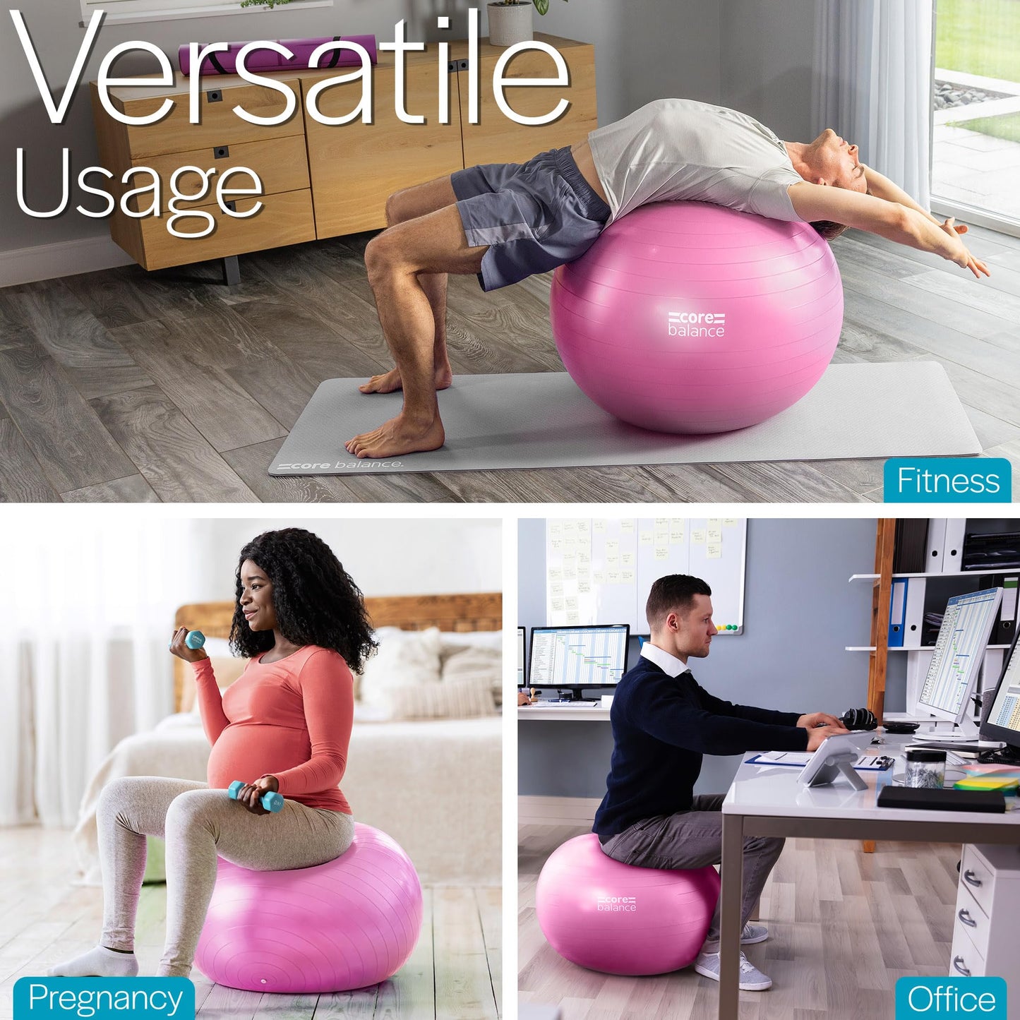 Core Balance Exercise Ball for Workouts, Anti-Burst and Slip Resistant, Swiss Yoga Ball for Pregnancy, Stability, Fitness and Physical Therapy, 4 Sizes, with Pump (25" / 65cm Pink)