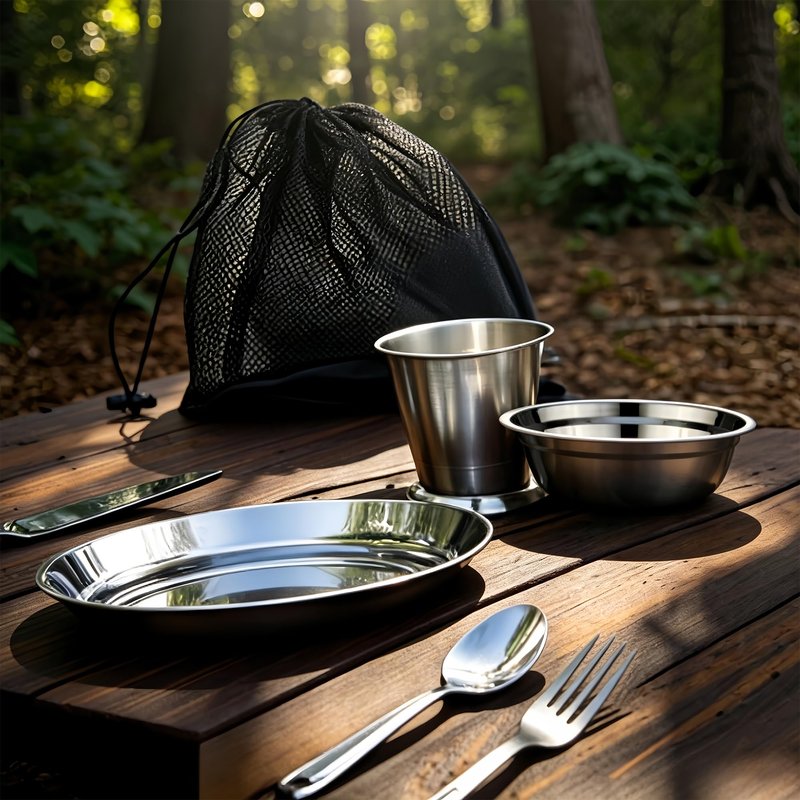Scout Camping Mess Kits, Stainless Steel Utensils Camping Dinnerware Kit, Boy Scout Dishes Set with Mesh Bag Camping Cutlery Set Easy to Carry Clean for Backpacking, Camping, Hiking and Picnics
