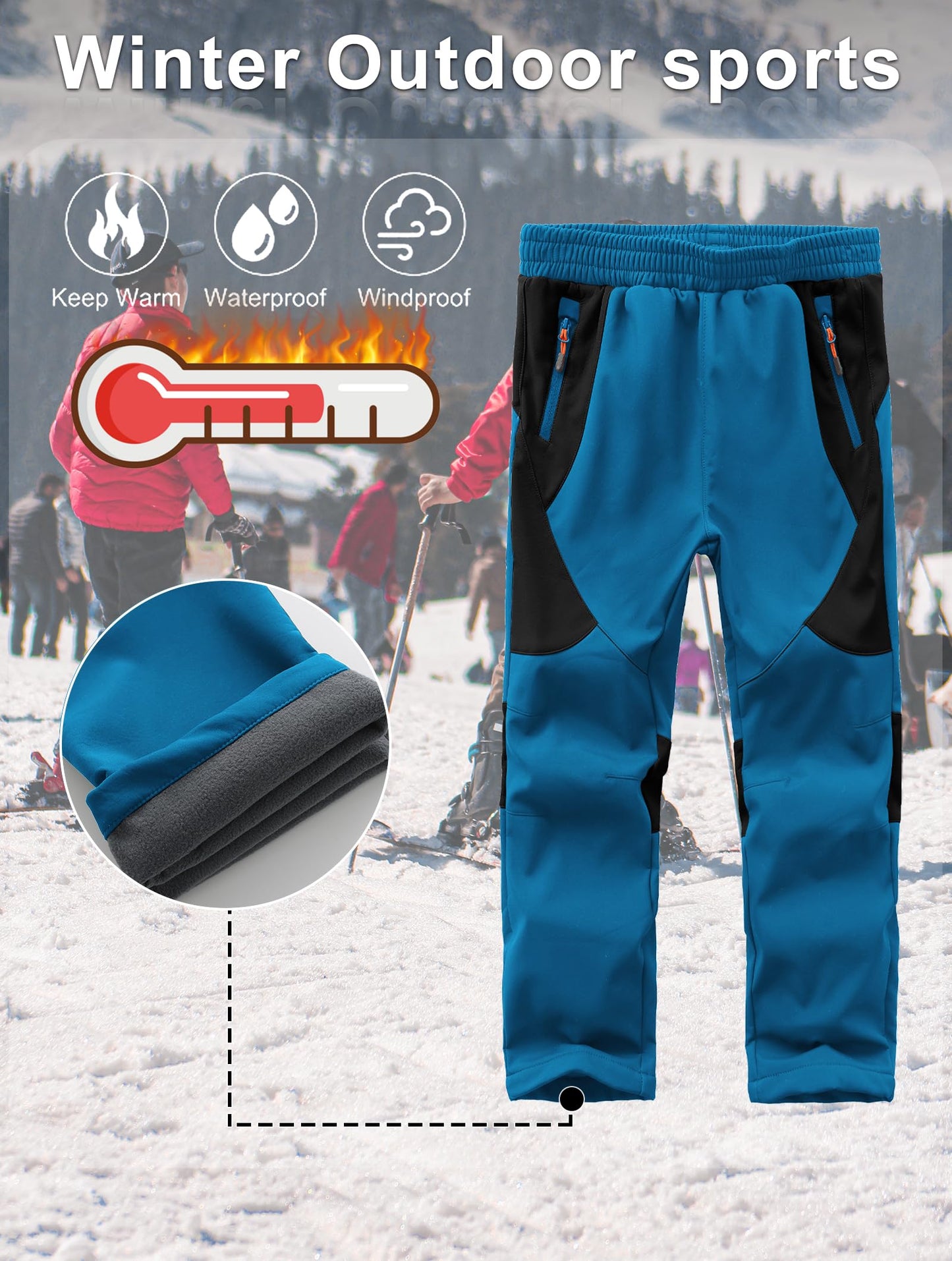 Dizoboee Kids Snow Pants Boys Waterproof Windproof Fleece Lined Outdoor Ski Hiking Pants, Blue/Black XXL