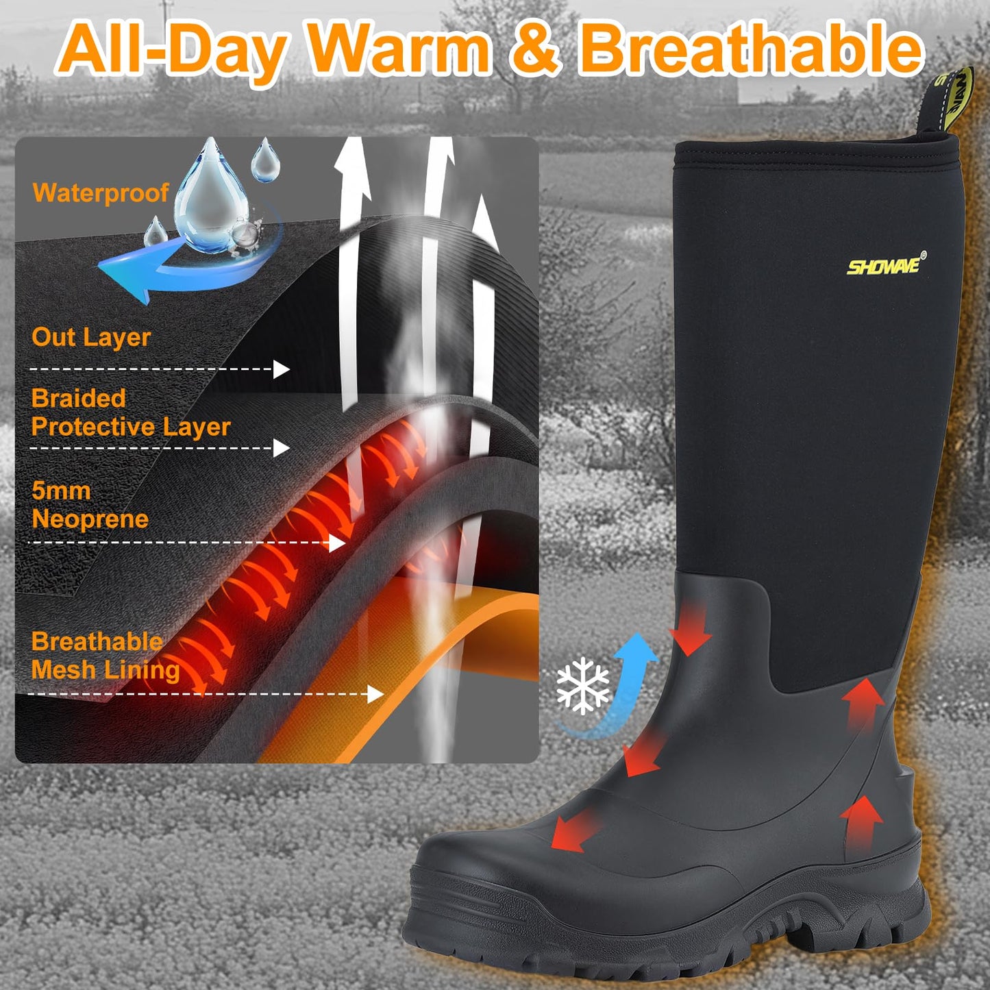 Showave Men's Rubber Boots Knee High Waterproof Insulated Rain Boots for Mud Outdoor Hunting(Black 9)