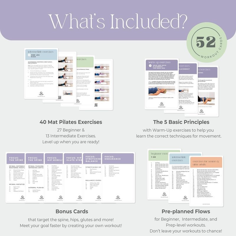 52 Premium Pilates Cards - 40 Pilates exercises- Led by Stott Pilates Certified Instructor- Detailed photos- Video Instructions - Do Pilates at Home- No equipment needed.