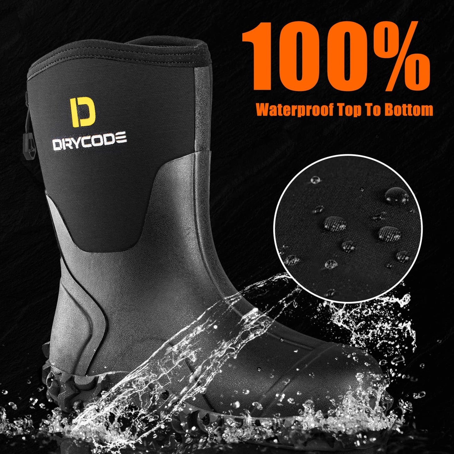 D DRYCODE Rubber Boots for Women, 6mm Neoprene Mid Calf Rain Boots with Steel Shank, Waterproof Insulated Hunting Boots, Mud Work Boots, Black, Size 5-11