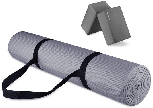 Signature Fitness All Purpose 1/4-Inch High Density Anti-Tear Exercise Yoga Mat with Carrying Strap and Yoga Blocks, Gray