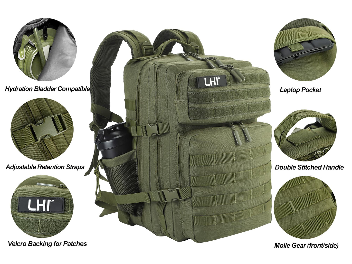 LHI Military Tactical Backpack for Men and Women 45L Army 3 Days Assault Pack Bag Large Rucksack with Molle System - Green