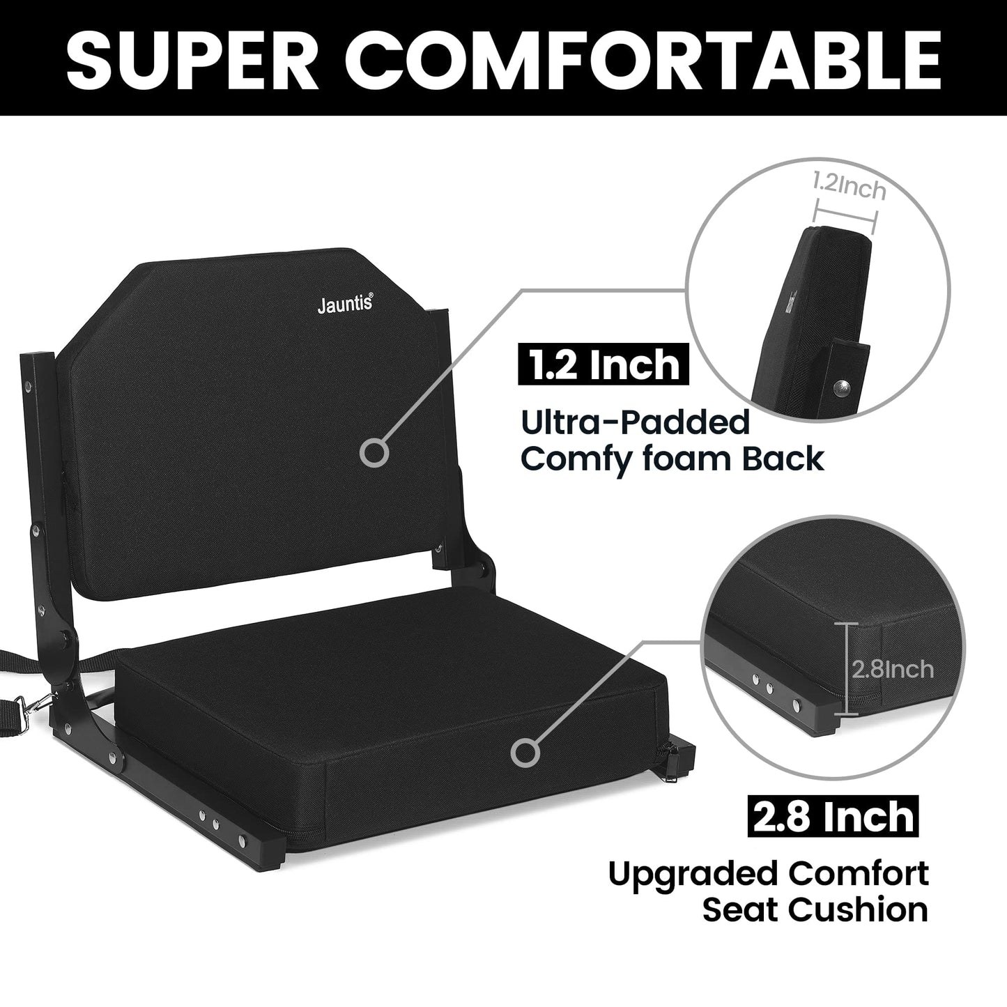 Jauntis Stadium Seats for Bleachers, Bleacher Seats with Ultra Padded Comfy Foam Backs and Cushion, Wide Portable Stadium Chairs with Back Support and Shoulder Strap