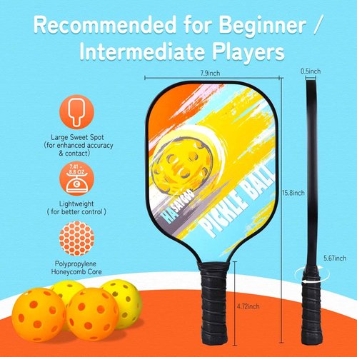 Pickleball Paddles Set of 2 with Bag & Trainer for Beginner, Lightweight Fiberglass Pickle Ball Rackets Honeycomb Core - Eye-Catch Pickle Cardio Equipment - 7.76oz