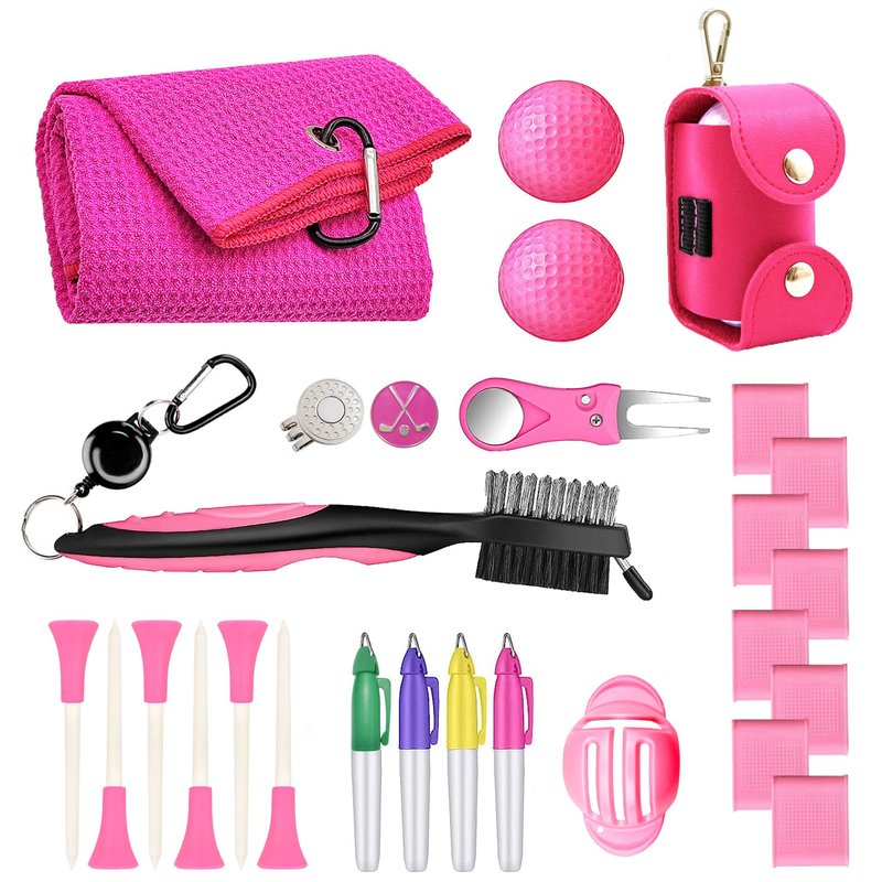 Glamrce Golf Accessories Kit 20 PCS Pink Golf Gift Set - Golf Towel, Ball Marker, Pins, Golf Club Cleaner, Pink Golf Balls w/Holder, Ball Alignment Kit, Divot Repair, Plastic Tees, All Pink Kit