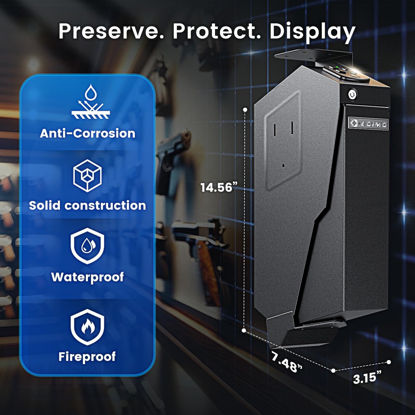 ADIMO Gun Safe for Handgun, Biometric Pistol Safe Fingerprint Quick Access Drop Down Single Mount Gun Safe with Keypad Lock and Key Lock, for Nightstand Wall Mount Bedside Desk Vehicle Bed