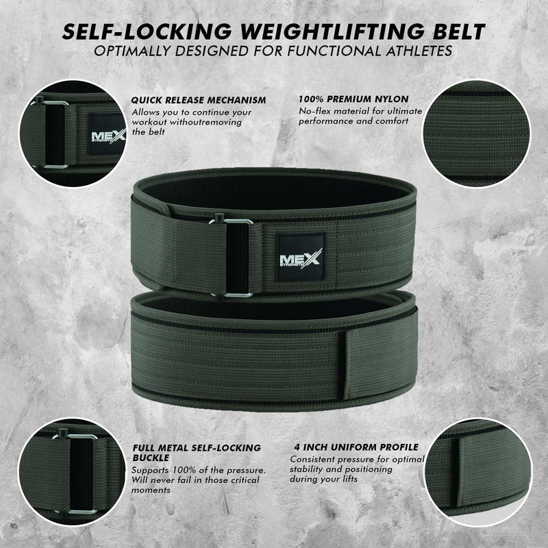 MexStrength Self Locking Neoprene Gym Weight Lifting Belts for Men Women, Lumbar Support Stability, Adjustable Design, Fit Straps, Deadlifts, Training, Bodybuilding, Green Large