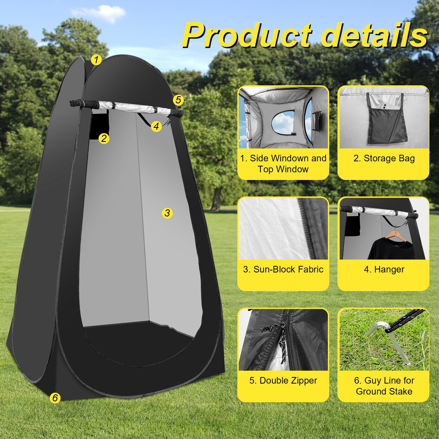 Pop Up Shower Tent for Camping, Portable Outdoor Privacy Shower Tent with 6000mAh Rechargeable Shower (Black)