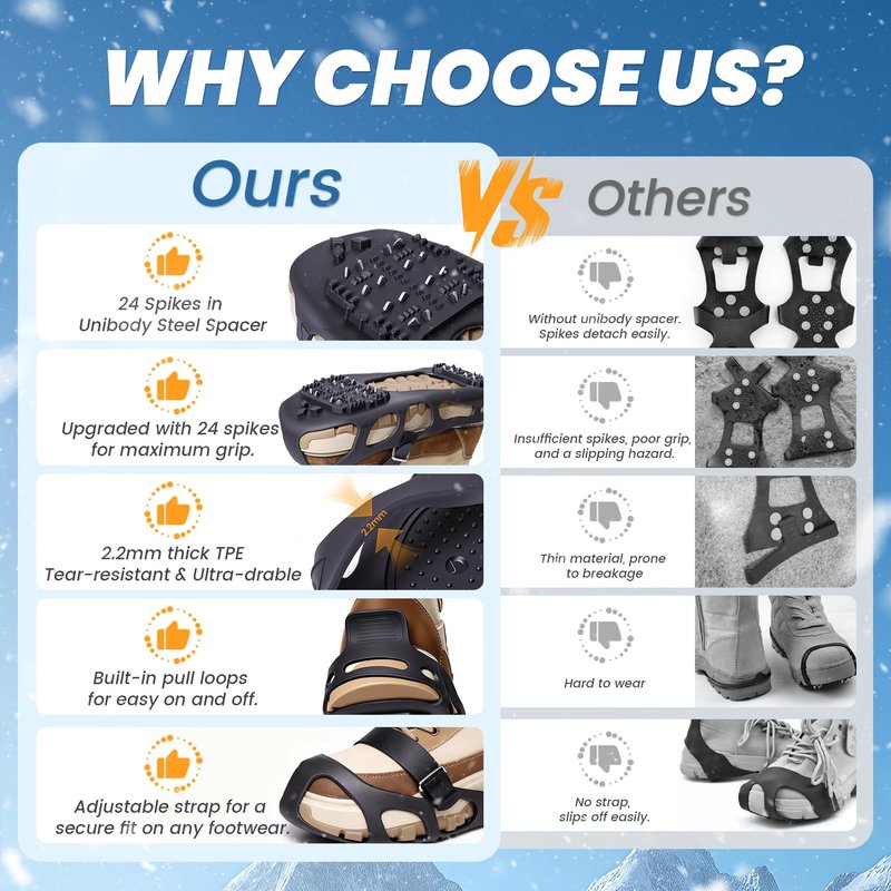 Ice Cleats, Ice Cleats for Shoes and Boots, Crampons for Shoes with 24 Spikes Anti Slip Snow Shoes (X-Large)
