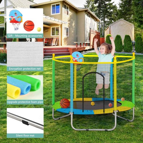 Juoe 5 FT Toddler Trampoline for Kids with Basketball Hoop & Ball, Indoor/Outdoor Rebounder with Enclosure Net, ASTM Approved, Supports Up to 440 lbs，Ideal Gift for Boys & Girls