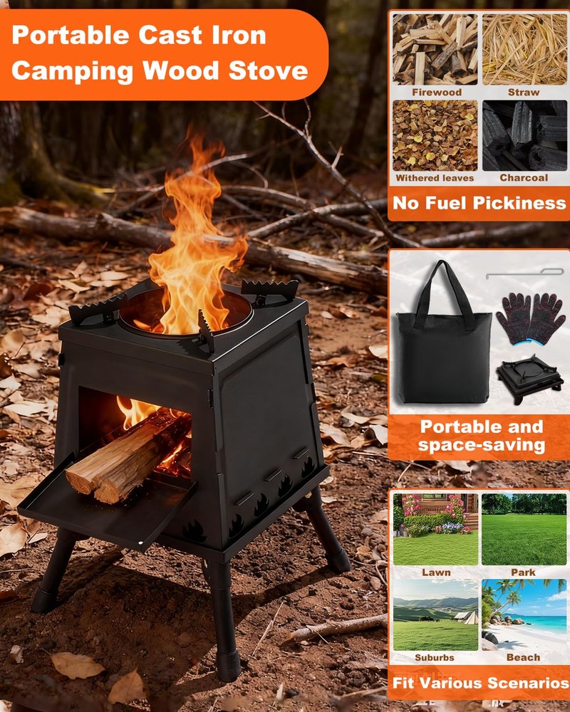 GVUHR Portable Wood Burning Stove - Lightweight Cast Iron Camp Stove for Backpacking，A Small Size 8.9in * 8.9in * 8.7in Backpacking Camping Stove Kit (Black, Small)