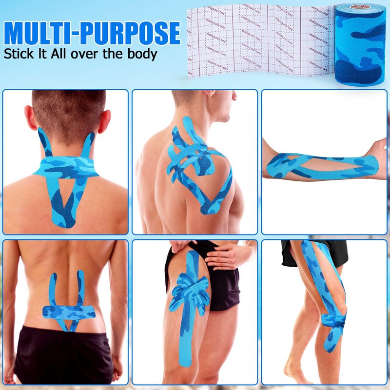 3 Pack Kinesiology Tape - Professional, Waterproof & Latex-Free Athletic Tape for Muscle & Joint Support on Knee, Ankle, Shoulder, Wrist During Sports, Swimming & Training - Blue Camo 4in x 5.5yd