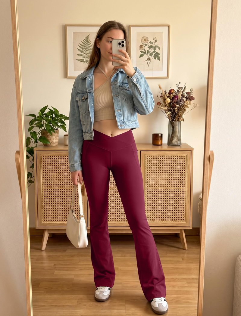 DLOODA Women's Flare Leggings with Pockets Crossover High Waisted Bootcut Yoga Pants Tummy Control Bell Bottom Leggings Burgundy 0M