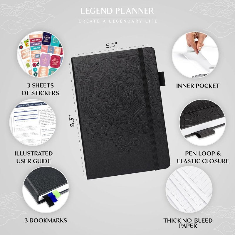 Wellness Planner & Food Journal - Daily Diet & Health Tracker with Weight Loss & Exercise Logs | A5 Size - Black