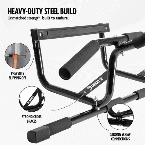 DMoose Pull Up Bar for Doorway - Upto 250 Lbs Capacity, Chin Up Bar with No Screwing & No Slipping Hanging Bar with Padded Handles for Strength Training, Door Frame Pullup Bar with Installation Guide (Black)