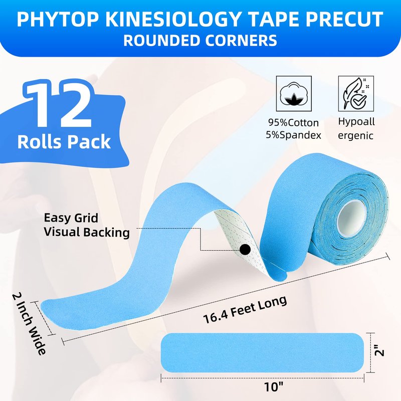 PHYTOP K Tape 12 Roll Pack Athletic Tape - Waterproof Precut Kinesiology Tape (10" Strips) for Knees Shoulders Ankles Elbows, Latex Free Breathable kinesiotape for Sports & Recovery (Mixed Colors)