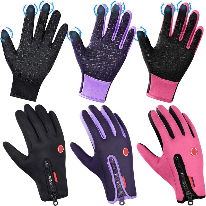 Zhanmai 3 Pairs 3/6 Pairs Outdoor Winter Touchscreen Gloves Windproof Waterproof Thermal Gloves for Running Hiking for Men Women (Medium,Black,Purple,Pink)