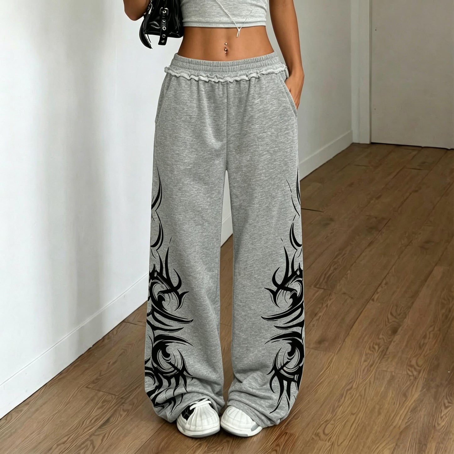 ZAFUL Womens Wide Leg Sweatpants Y2K Gothic Graffiti High Waisted Lounge Pants Athletic Joggers Pants with Pockets 1-Light Grey M