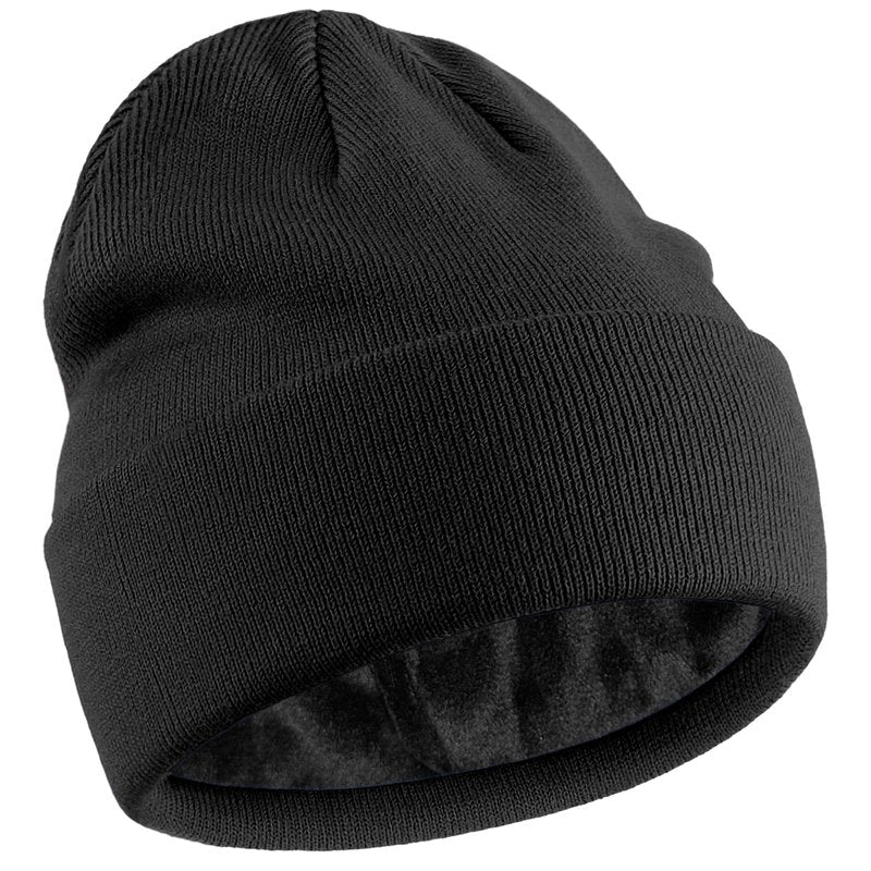 Fleece Lined Wool Beanie for Men Women, Knit Winter Hats Warm Cuffed Stocking Skull Cap Fashion Slouchy Beanies, Black