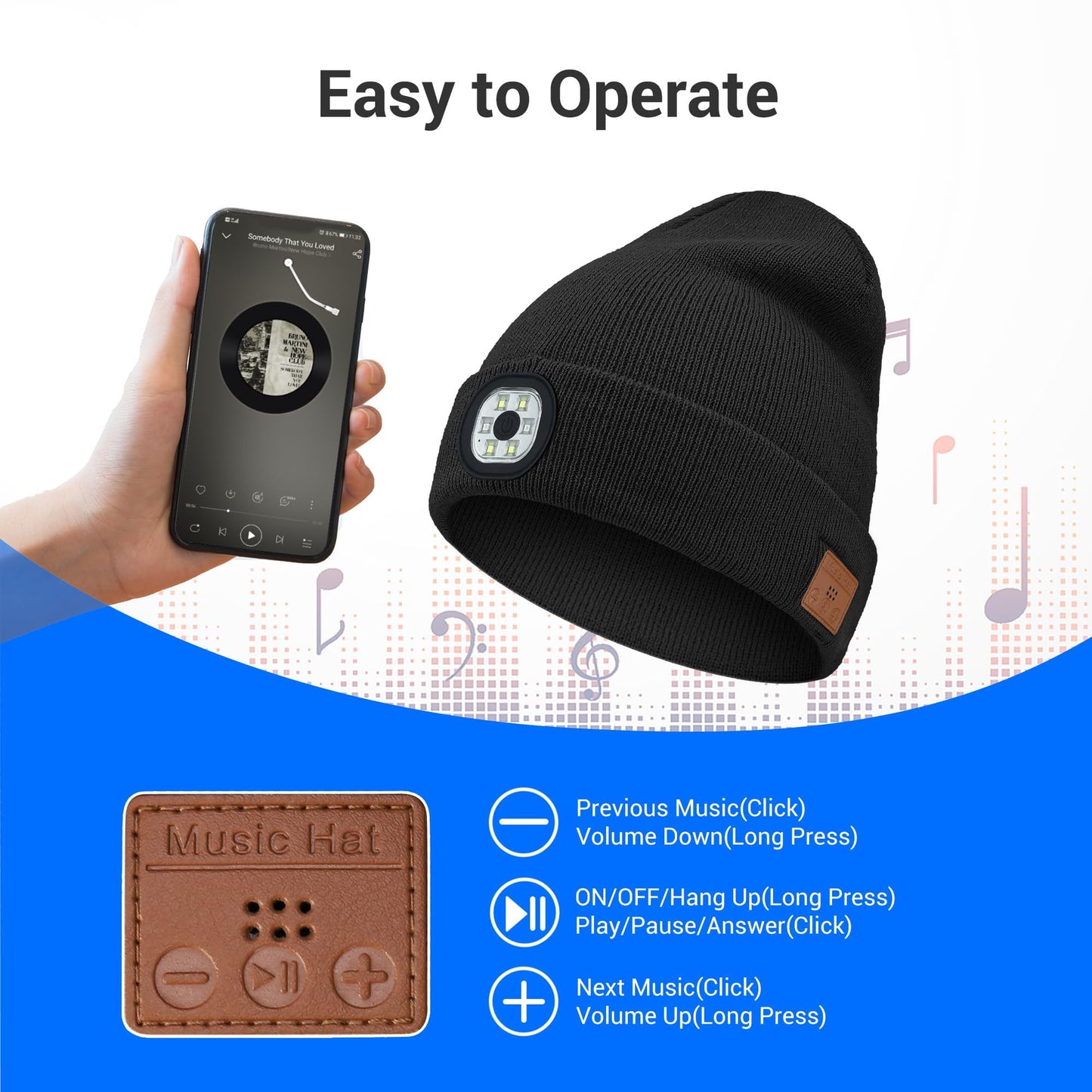 Yontune Bluetooth Beanie Headphone Hat with Light, Unique Tech Gifts for Men Women-Rechargeable LED Skullcap Winter Beanie with Light