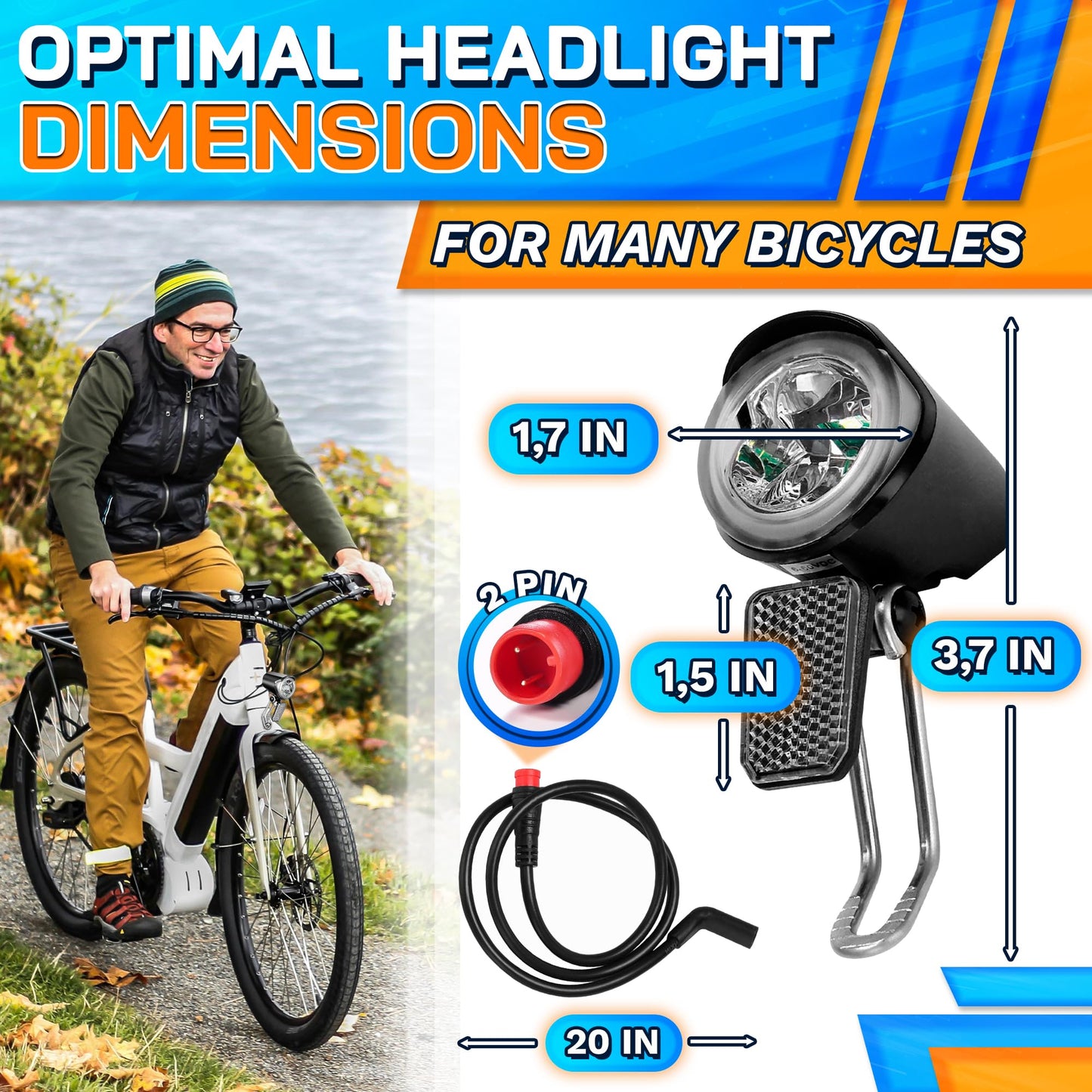 Headlight for Ebike 2 Pin Connector 6-60V - Easy to Install Ebike Light with LED Bulb and Reliable Stainless Steel Bracket, 20 Lm Lights Output, Weather Resistant - E Bike Light for Night Riding