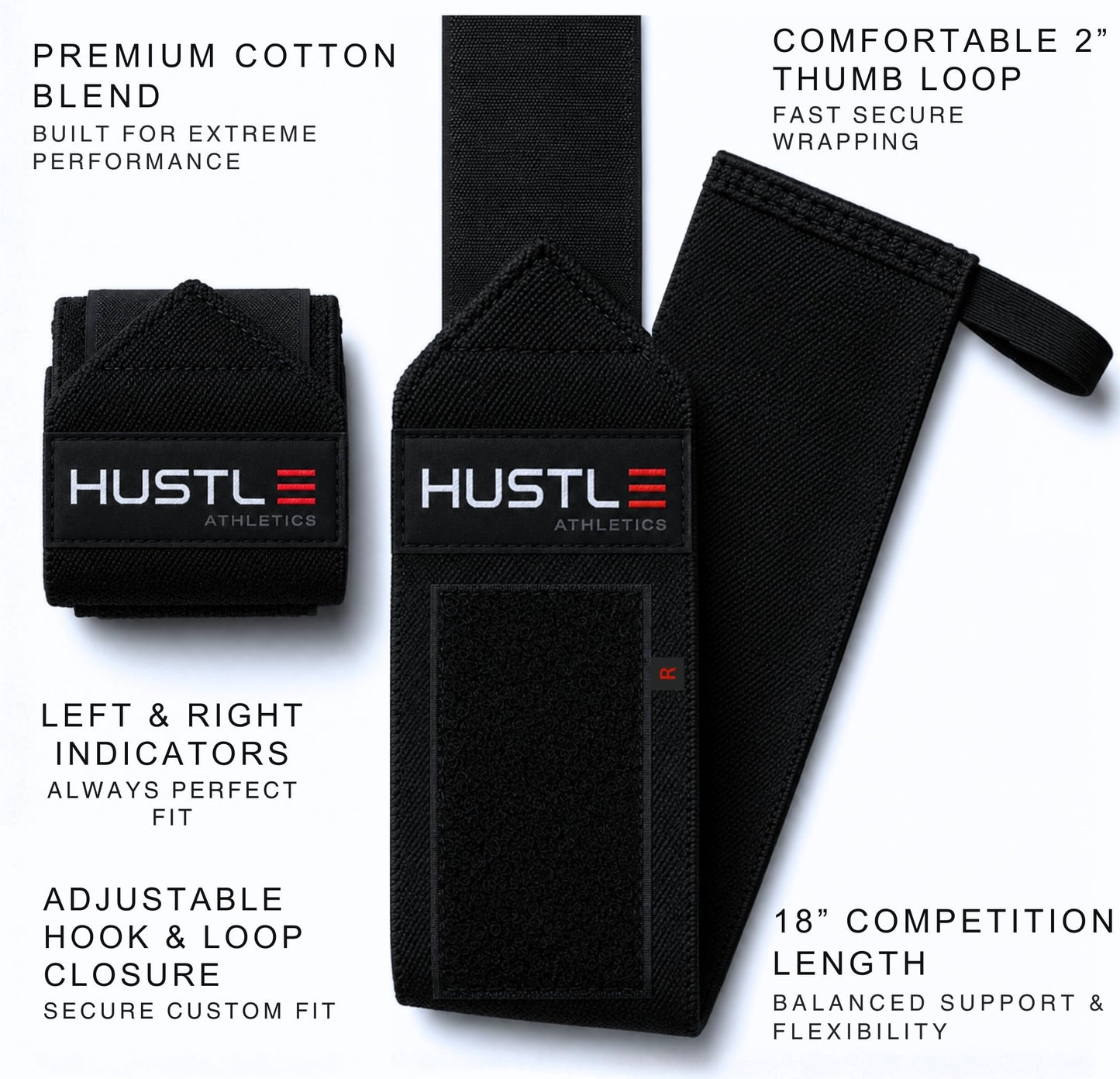Hustle Athletics Wrist Wraps for Weightlifting - 18" & 12" Premium Wrist Support Weight Lifting Wraps to Lift Heavier & Train Harder - Heavy Duty Powerlifting & Bench Press Gym Straps for Men & Women