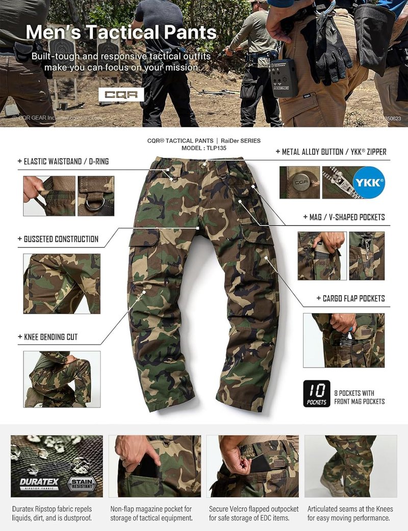 CQR Men's Tactical Pants - Water-Resistant Ripstop Cargo Design | Lightweight EDC Work & Hiking Gear
