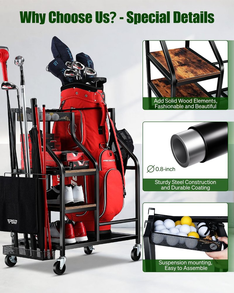 FHXZH Golf Bags Storage Garage Organizer Golf Bag Stand for Golf Bags, Clubs, Balls, Golf Equipment Accessories, Golf Bag Storage Rack with Wheels for Garage, Club, Basement (1 Golf Bag Organizer)