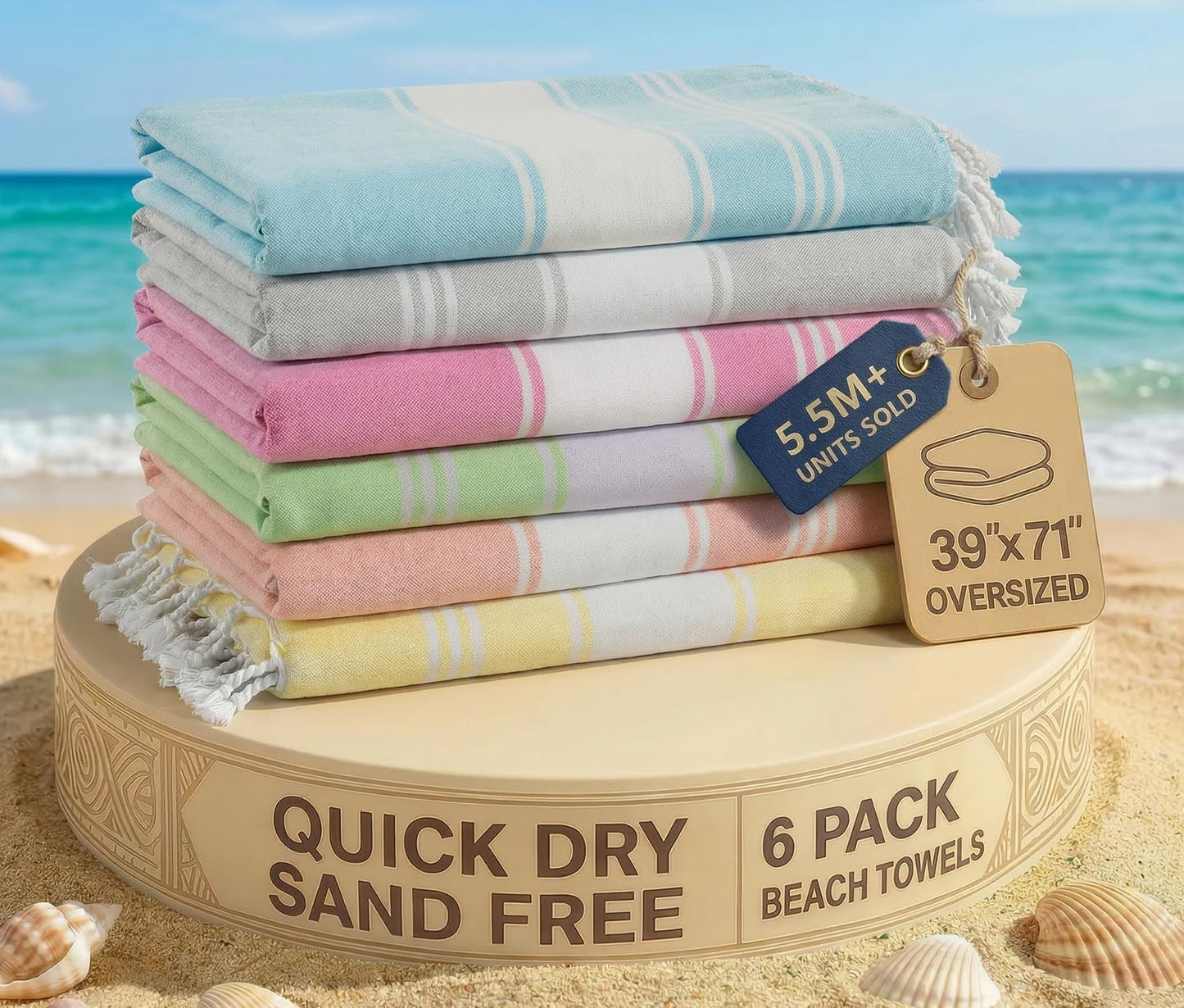 LANE LINEN 6 Pack Turkish Beach Towels, Oversized, 39"x71" - Beach Party