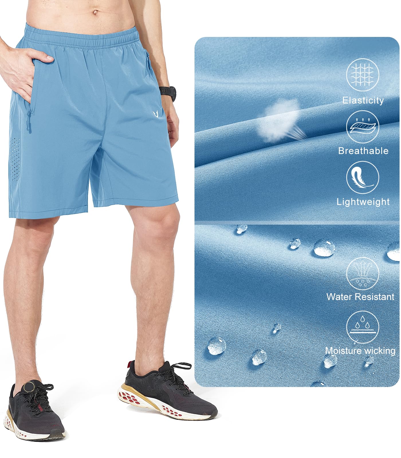NORTHYARD Men's Athletic Running Shorts Gym Workout 7"/9"/5" Quick Dry Lightweight Sports Basketball Tennis 3 Zipper Pockets SkyBlue 4XL