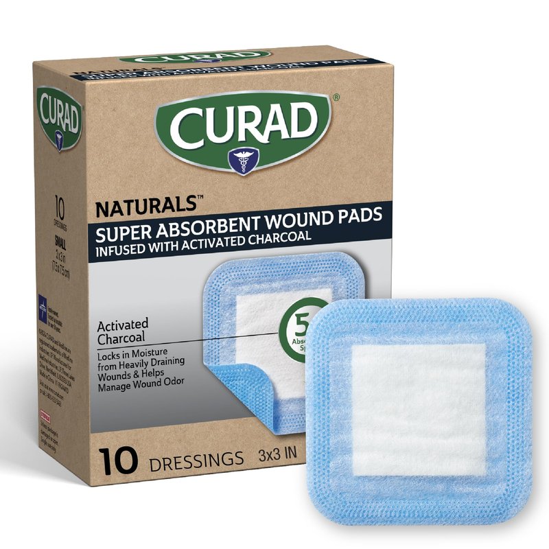 CURAD Naturals Charcoal Super Absorbent SAP Wound Pads, 3" x 3", 10ct, Pack of 3