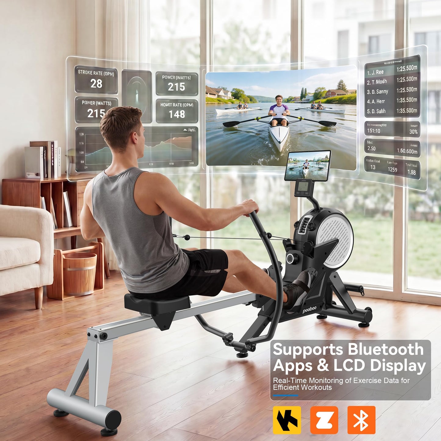 pooboo Rowing Machines for Home, Dual Wind & Magnetic Resistance, Foldable Row Machine 400 LB Weight Capacity, 14 Levels Resistance Quiet Rowers for at Home Exercise, App Supported