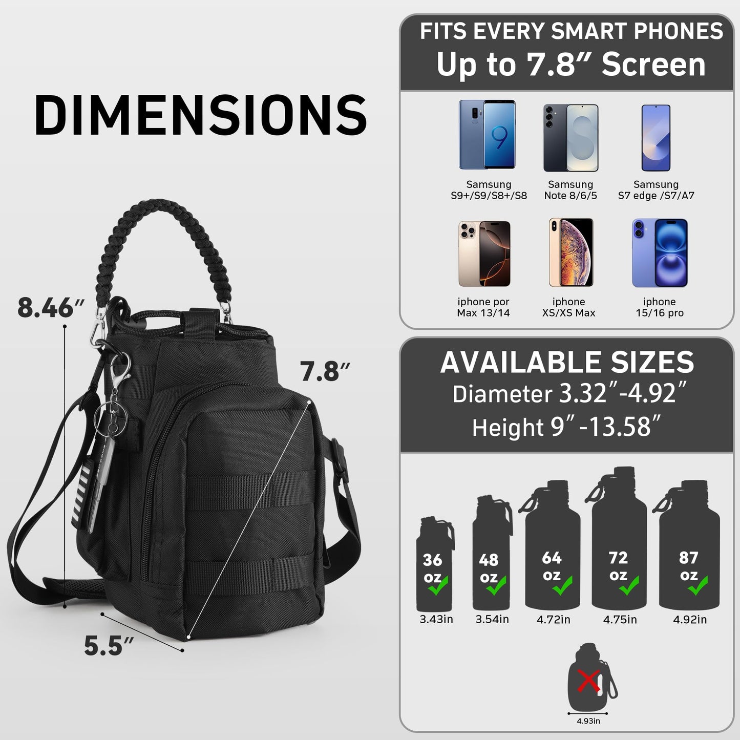 KXIAOCHEN Water Bottle Carrier, 36/40/46/60/64/87 oz Insulated Water Bottle Holder, water bottle carrier with strap, Sports Water Bottle Pouch for Hiking, Walking, Camping, Climbing