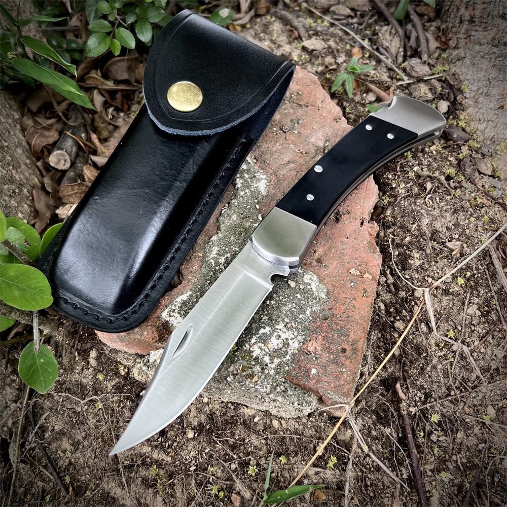 TrailTough 8.54'' Portable Lockback Manual Opening Folding Knife，3.3'' D2 Steel Blade，G10 Handle with Black Leather Sheath，EDC Pocket Knife for Men Women,Sharp Camping Fishing Hiking Knives