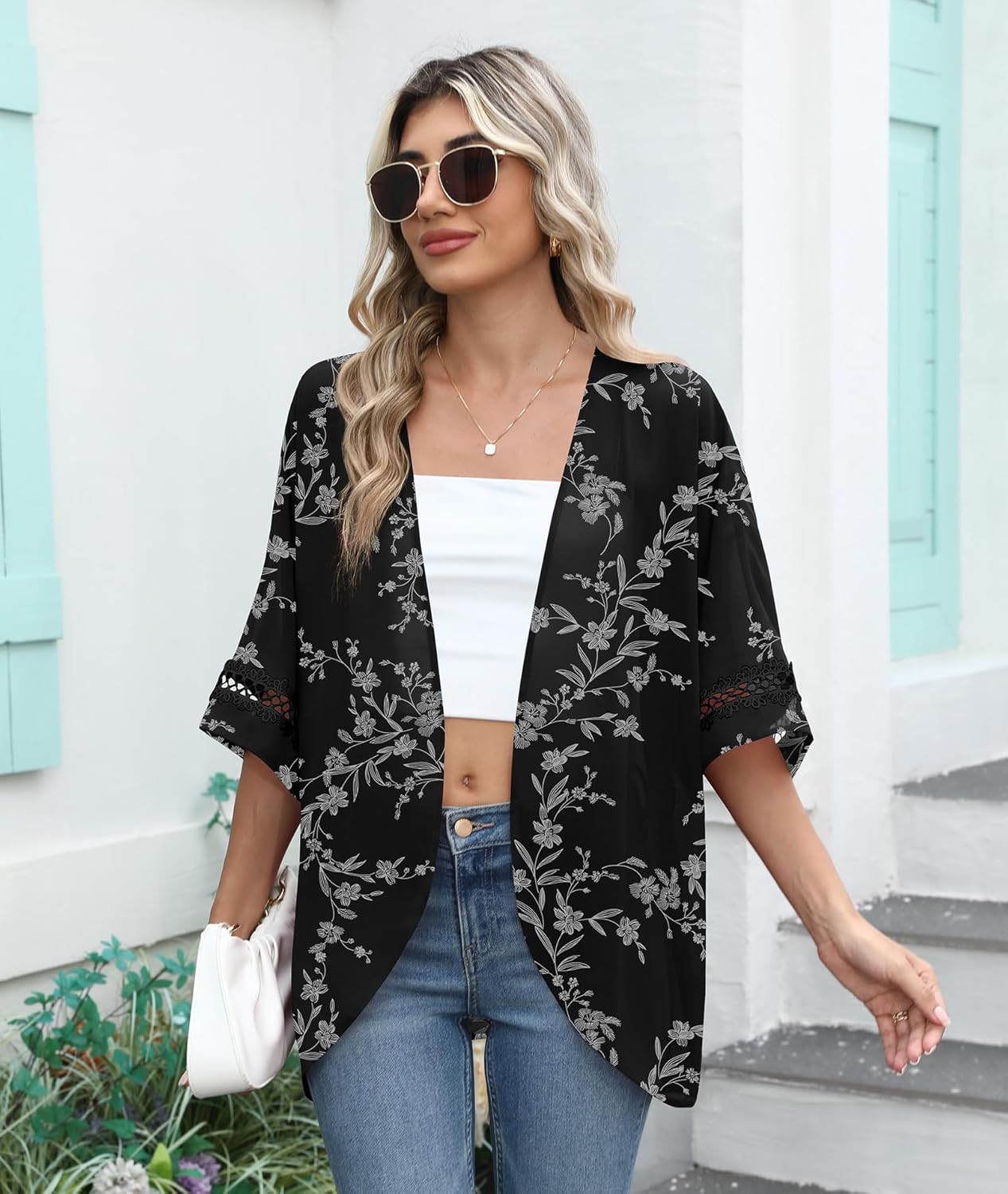 LILBETTER Lightweight Chiffon Kimono Cardigan - Puff Sleeve Lace Cover-Up Blouse for Women | Beach Wear