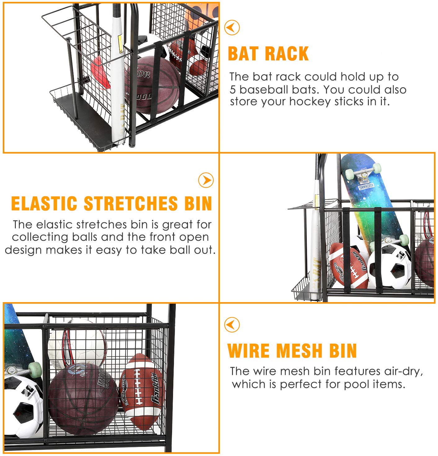Snail 4-Tier Garage Sports Equipment Storage Organizer Sports Ball Storage Rolling Cart with Basket and Hooks Lockable Sports Ball Cage Storage Rack for Garages, Playgroup, Gym and Schools, Black