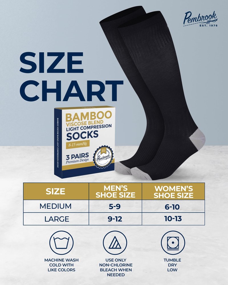 Pembrook Bamboo Viscose Light Compression Socks - 3 Pairs | 8-15 mmHg Compression Socks Women and Men | Support for Soreness, Varicose Veins, Edema | Black, White, Gray