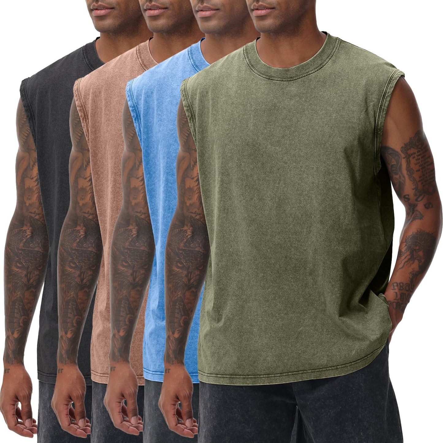 SnowElve 3 Pack Mens Workout Tank Tops Sleeveless Tee Shirts Men Muscle Shirt Gym Acid Wash T Shirts Running Beach Loose Fit Tee(AGBUCFBK,2XL)