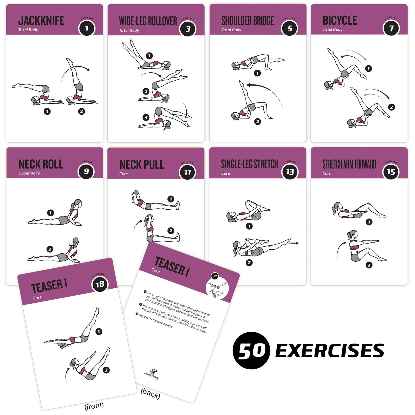 62 Pilates Exercise Cards, for Men/Women: Home, Gym or Studio: 50 Exercises, 12 Stretches 6 Training Exercises for Beginner to Advanced Waterproof