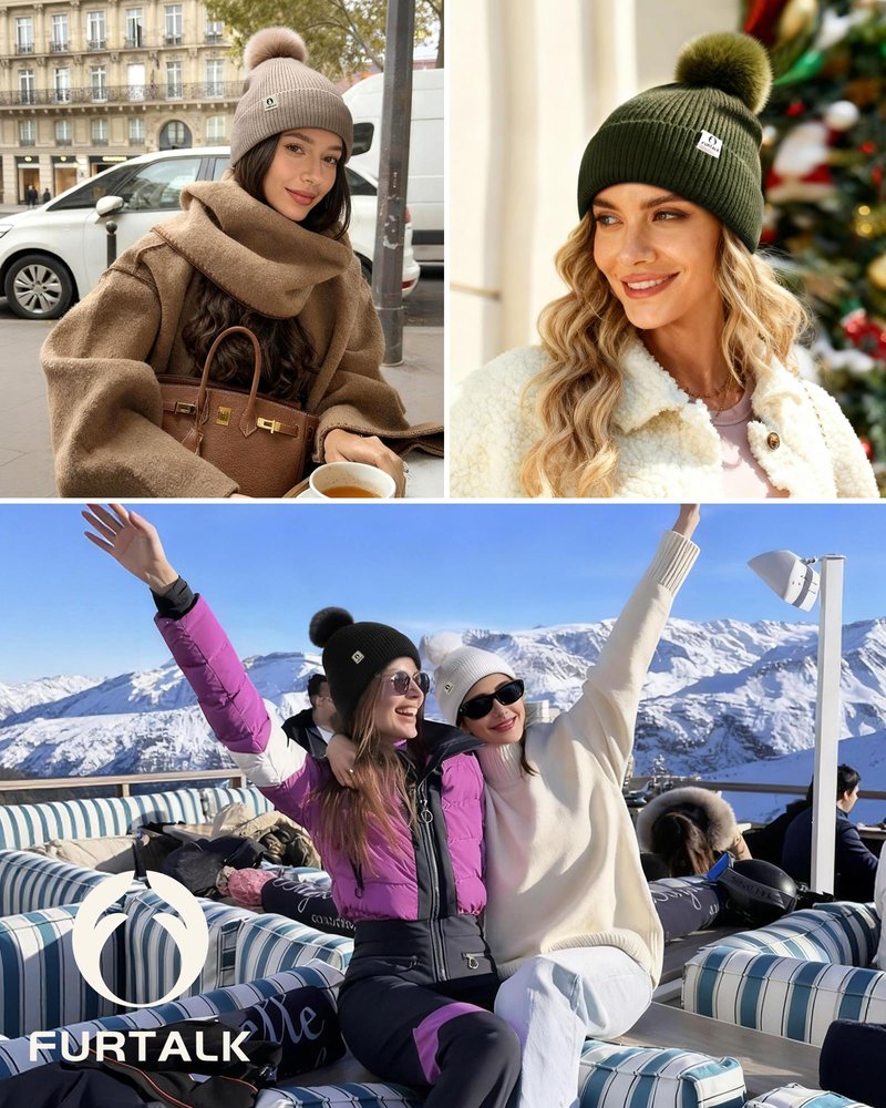 FURTALK Pom Pom Winter Hats for Women Fleece Lined Slouchy Warm Beanie Skull Cap Black