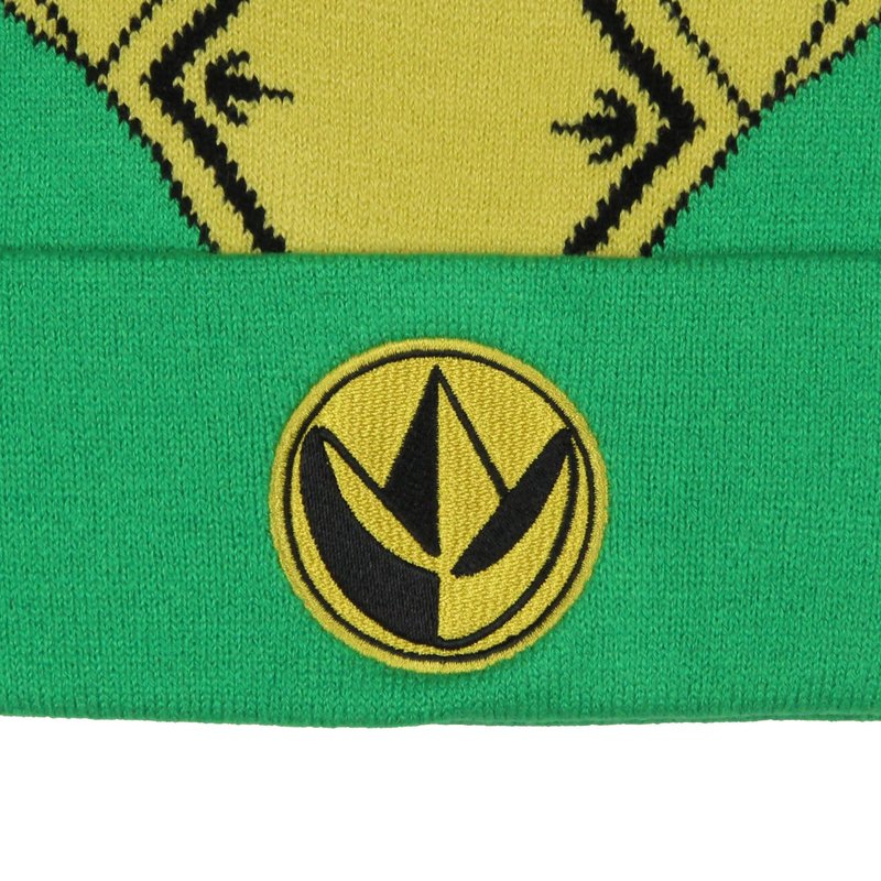 Mighty Morphin Power Rangers Men's Green Ranger Beanie Gold Armor Embroidered Patch Knit Fold Cuff Beanie Hat OSFM