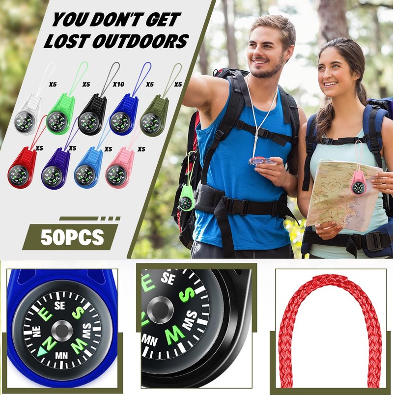 50 Pack Compass for Kids Hiking and Survival Small Mini Pocket Compasses Keychain Lanyard Boy Scout Party Favor Toy Set, Bulk