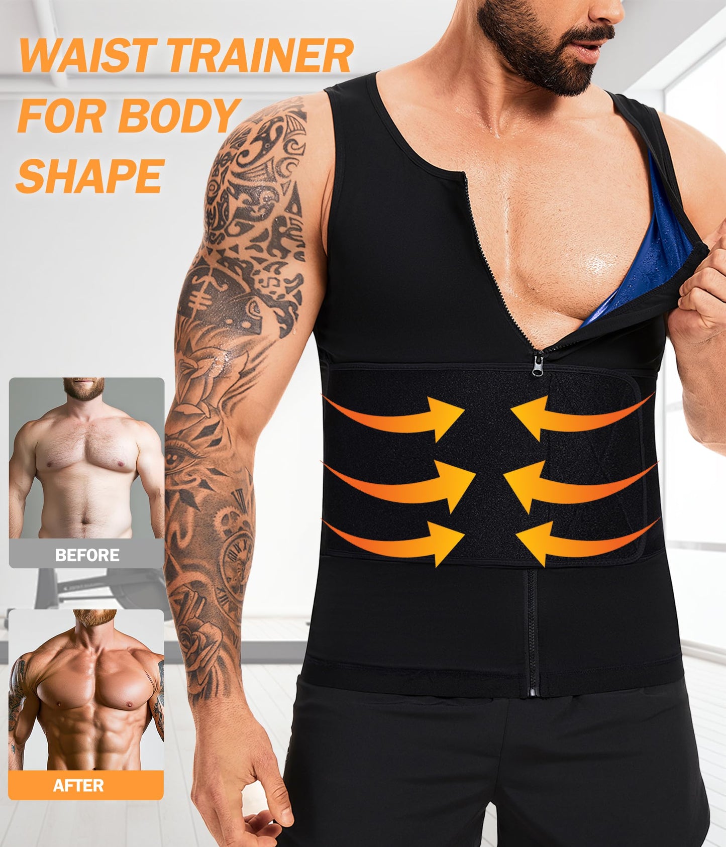 FUXERT Sauna Vest for Men Waist Trainer Sauna Shirt for Men Zipper Sweat Belt Tank Top for Belly Fat(SOBK L/XL)