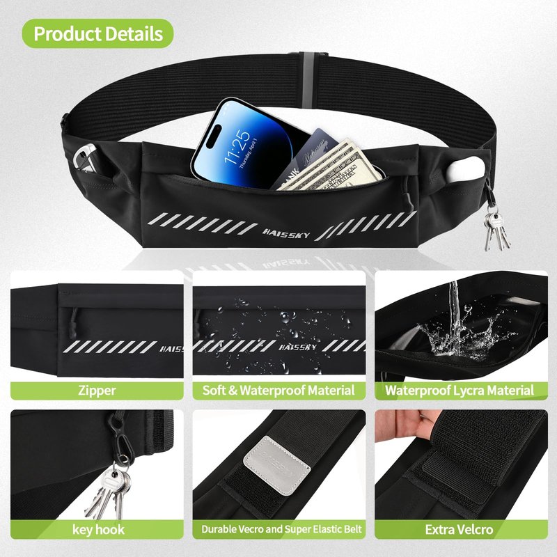 Kebrela Slim Running Belt Fanny Pack for Men Women, Running Phone Holder, Waist Pack Runners Bag Money Belt with 3 Separate Pouch to Store Your Phone Key Money Safe, Waist Bag-Black